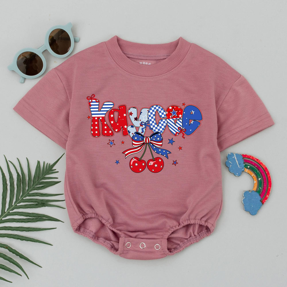 Personalized Baby Girl 4th of July Romper with Retro Cherry Bow Custom Name Patriotic Outfit Independence Day Gift for Infants and Toddlers