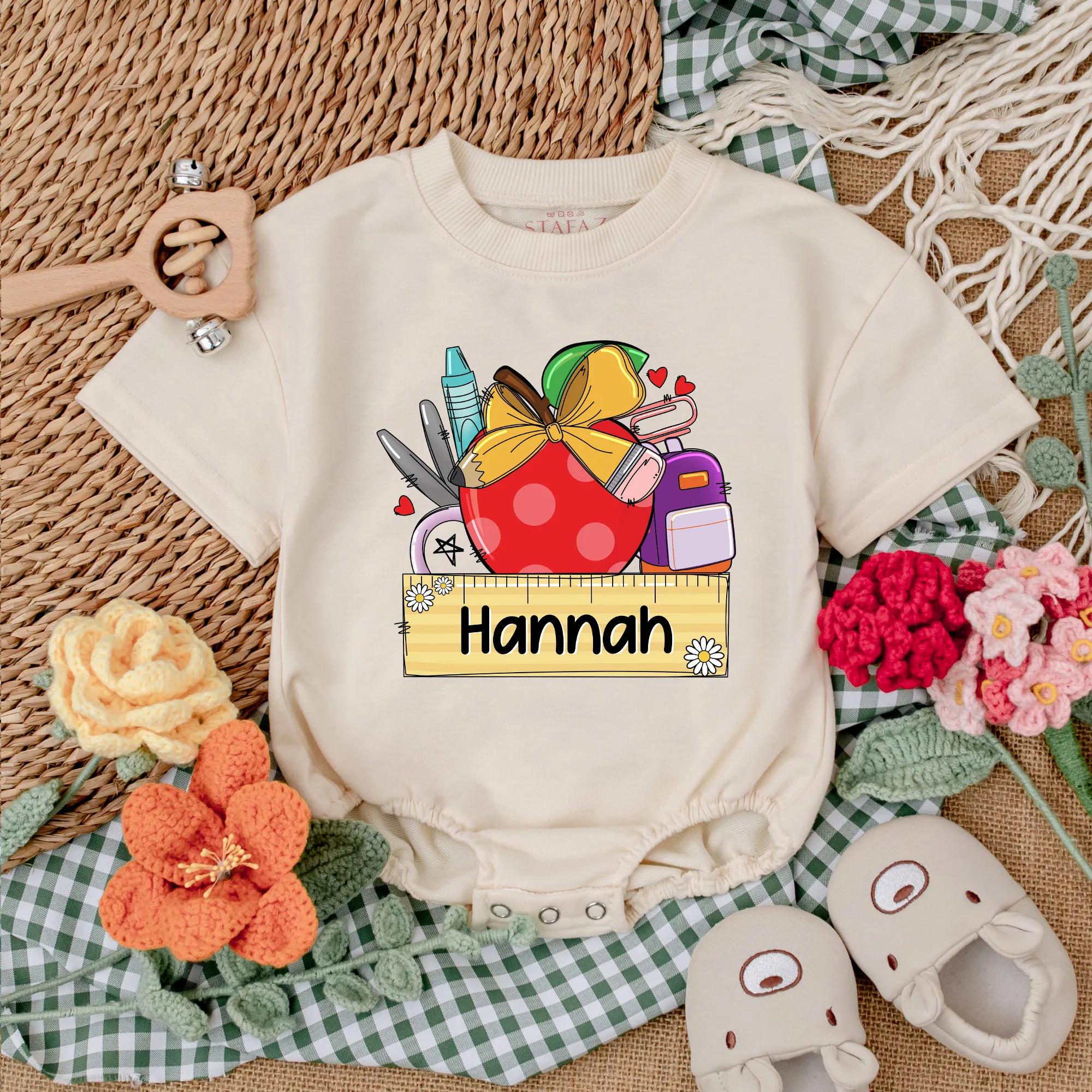 Personalized Baby Girl Apple Romper Custom Name Design with Pencil Book and Ruler Motif Toddler Back to School Outfit Gift