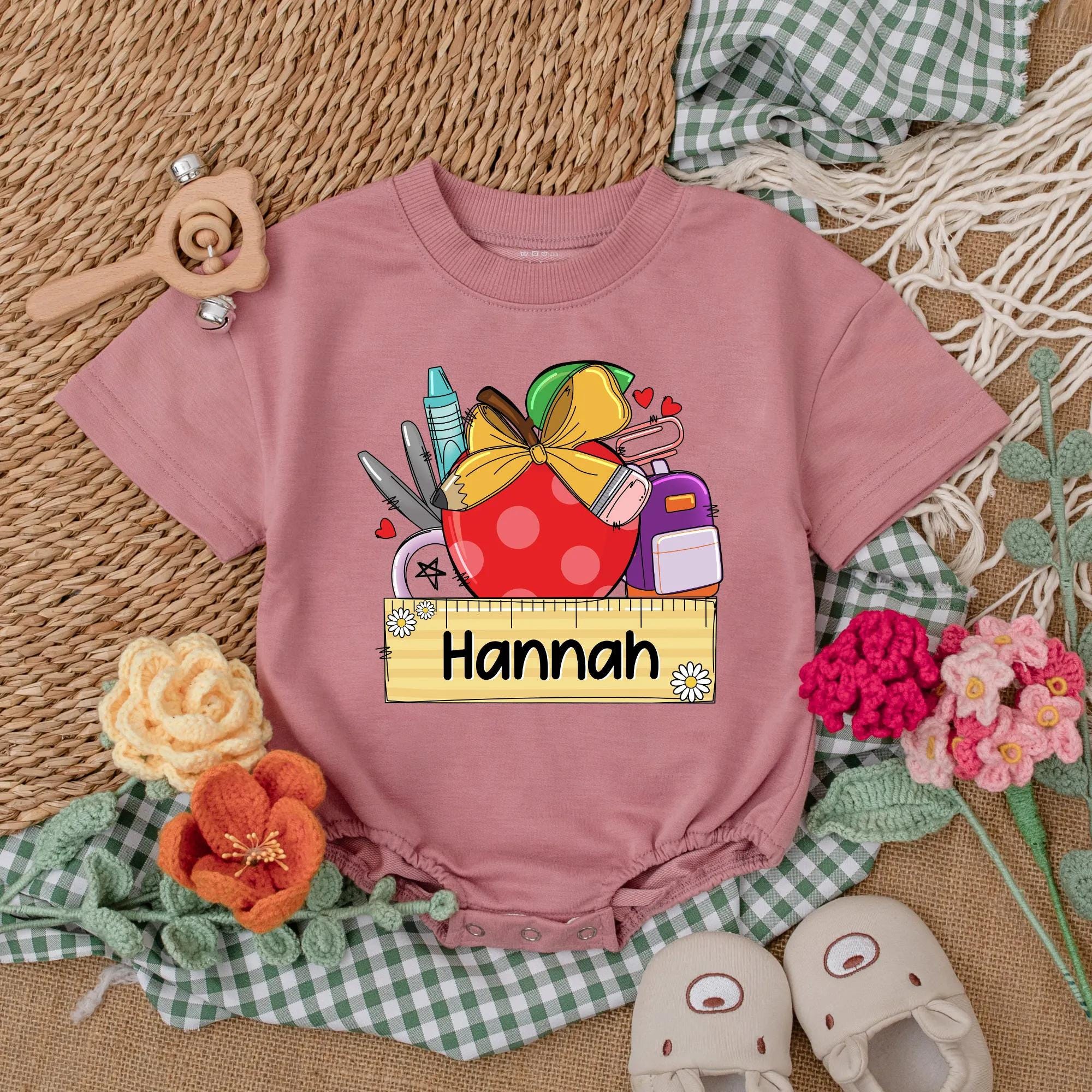 Personalized Baby Girl Apple Romper Custom Name Design with Pencil Book and Ruler Motif Toddler Back to School Outfit Gift