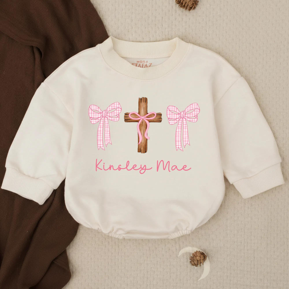 Personalized Baby Girl Baptism Romper with Pink Gingham Bows and Name, Soft Cotton Religious Outfit for Infant or Toddler Gift Keepsake