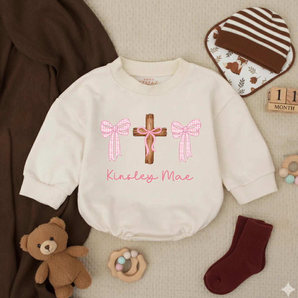 Personalized Baby Girl Baptism Romper with Pink Gingham Bows and Name, Soft Cotton Religious Outfit for Infant or Toddler Gift Keepsake