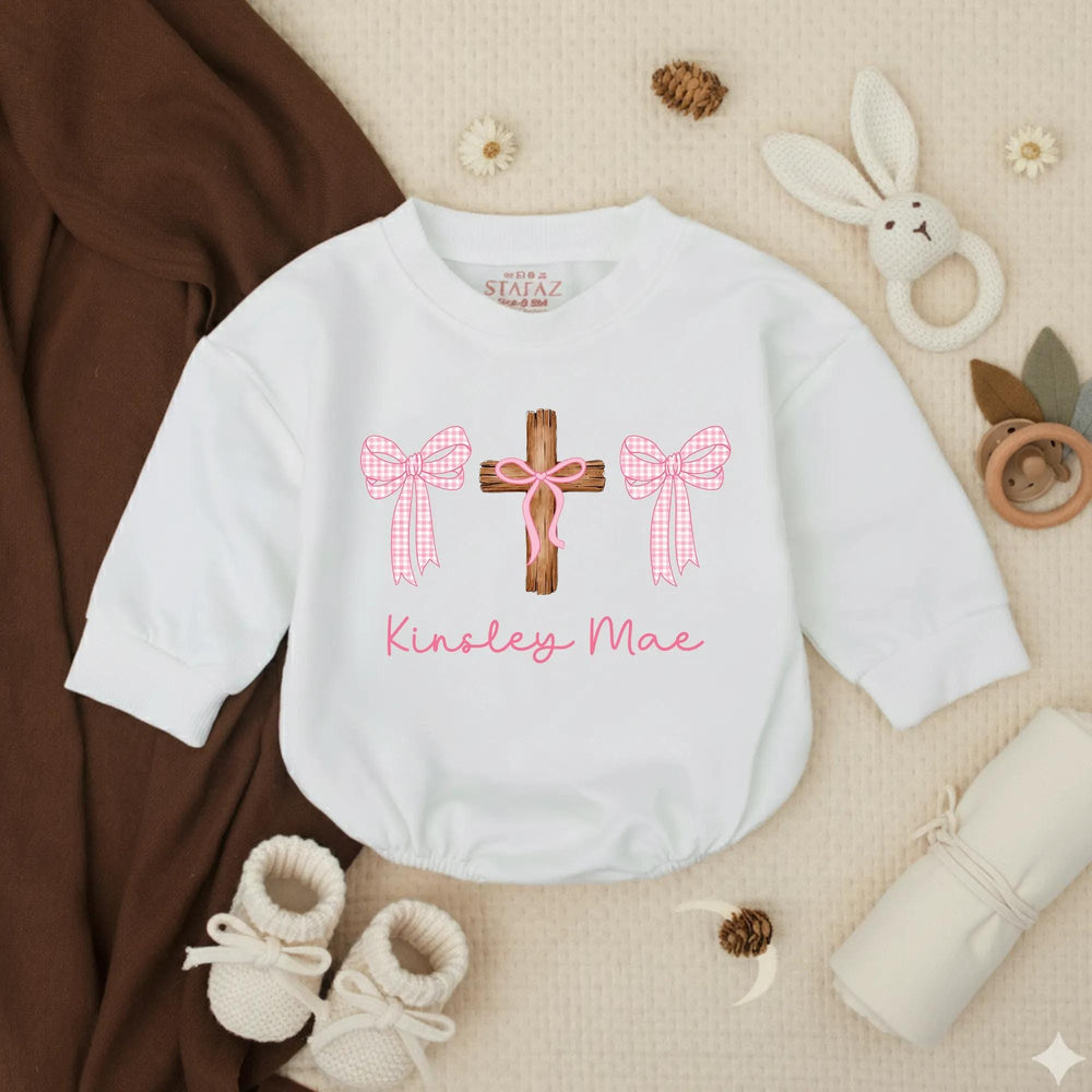 Personalized Baby Girl Baptism Romper with Pink Gingham Bows and Name, Soft Cotton Religious Outfit for Infant or Toddler Gift Keepsake