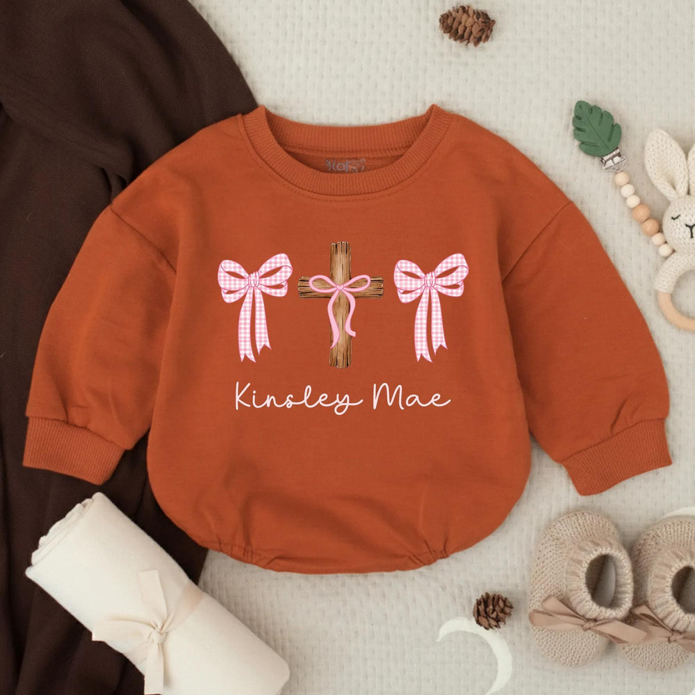 Personalized Baby Girl Baptism Romper with Pink Gingham Bows and Name, Soft Cotton Religious Outfit for Infant or Toddler Gift Keepsake