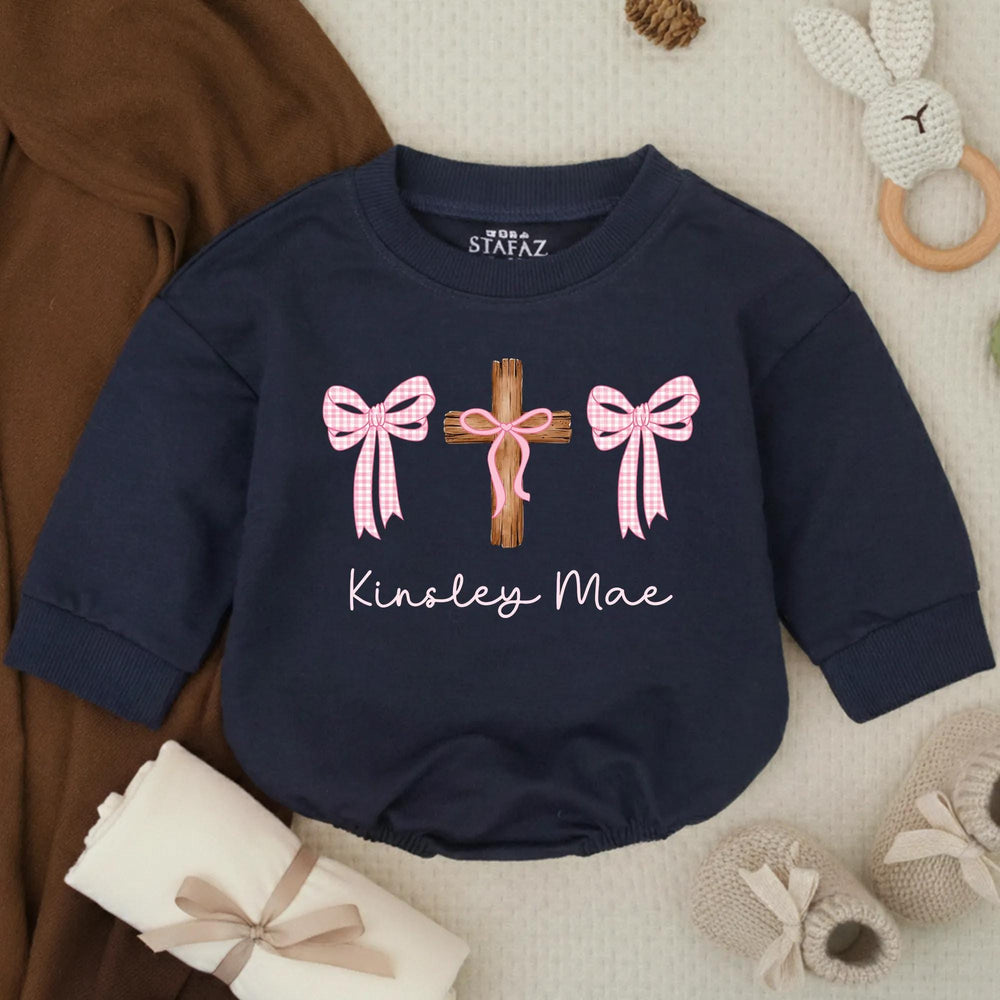 Personalized Baby Girl Baptism Romper with Pink Gingham Bows and Name, Soft Cotton Religious Outfit for Infant or Toddler Gift Keepsake