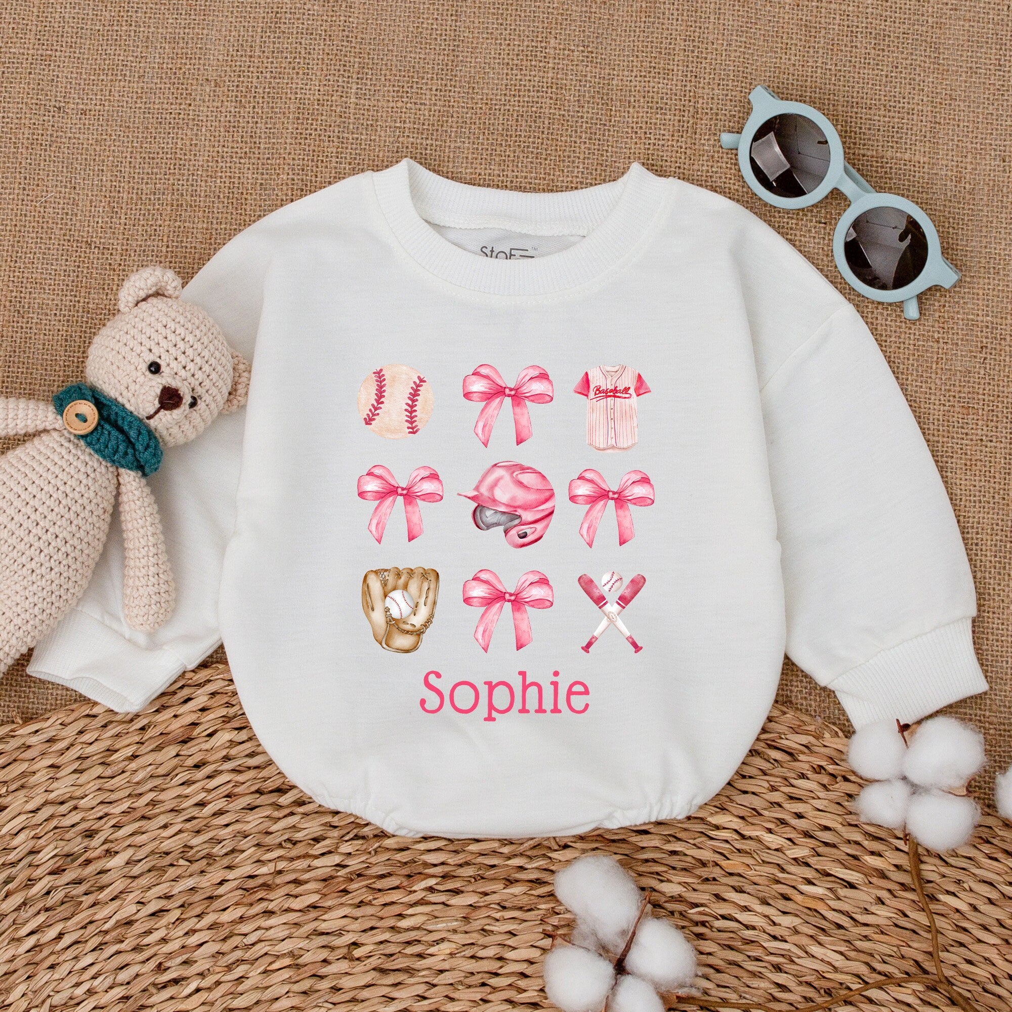 Personalized Baby Girl Baseball Romper with Pink Bows Soft Cotton Infant Outfit Custom Name Baby Shower Gift Game Day Style