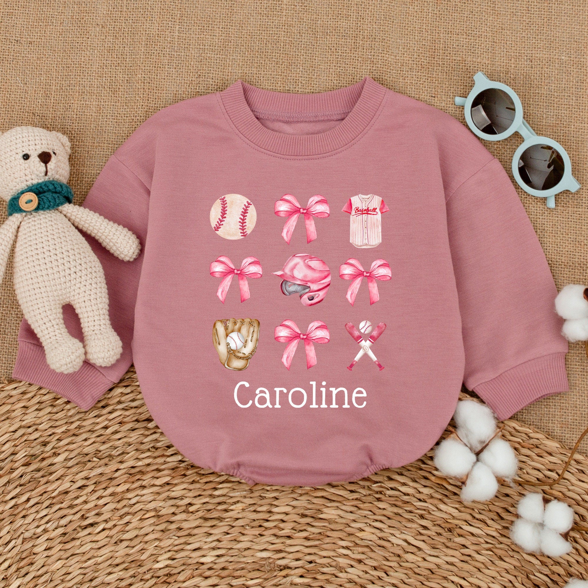 Personalized Baby Girl Baseball Romper with Pink Bows Soft Cotton Infant Outfit Custom Name Baby Shower Gift Game Day Style