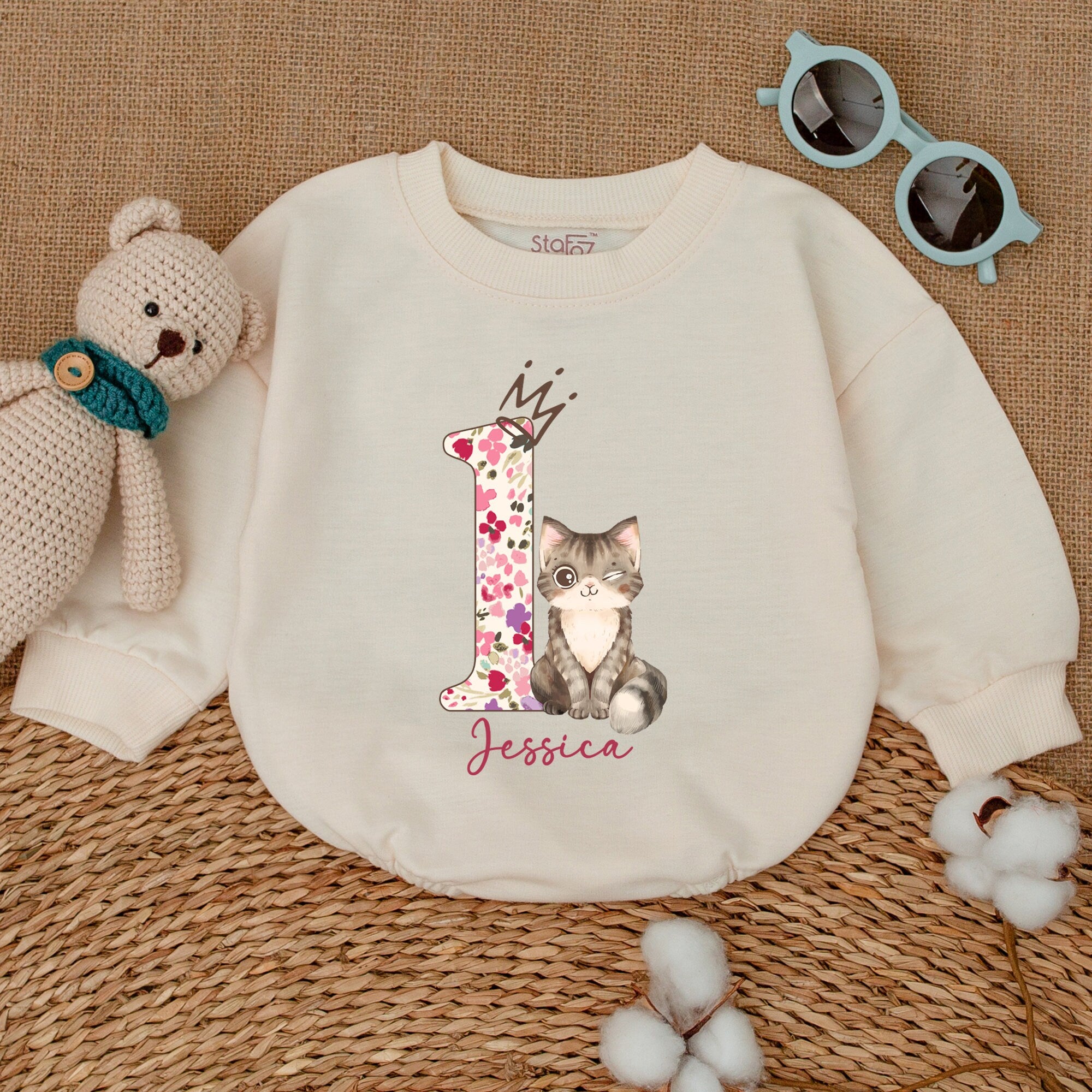 Personalized Baby Girl Birthday Romper with Floral Number and Kitten Design Soft Cotton Newborn Bodysuit Perfect for First Birthday Gift