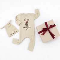 Personalized Baby Girl Bodysuit with Deer Head Leopard Print Design and Pink Bow, Custom Name Outfit for Newborn Coming Home or Gift