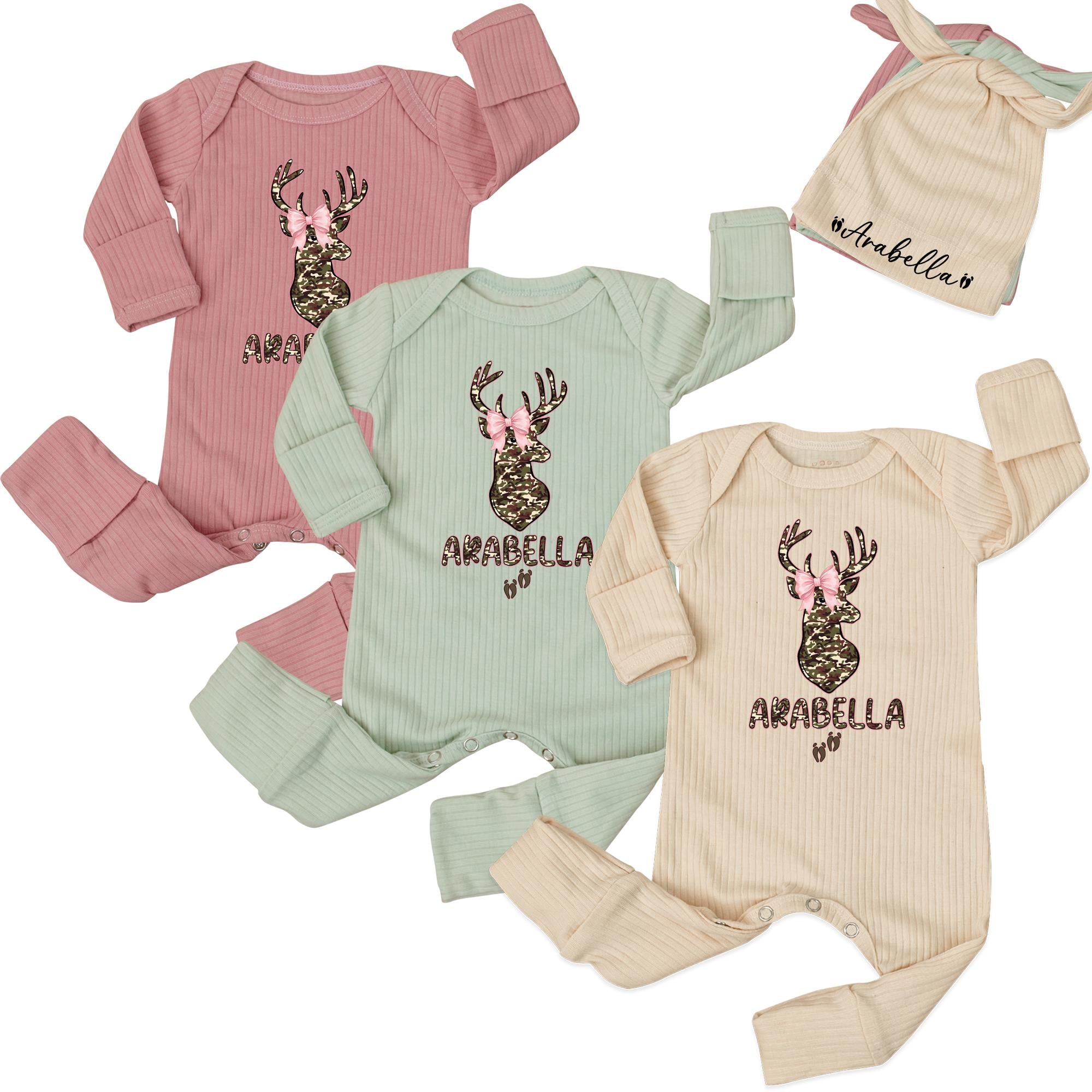 Personalized Baby Girl Bodysuit with Deer Head Leopard Print Design and Pink Bow, Custom Name Outfit for Newborn Coming Home or Gift