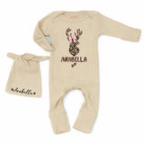 Personalized Baby Girl Bodysuit with Deer Head Leopard Print Design and Pink Bow, Custom Name Outfit for Newborn Coming Home or Gift