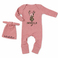 Personalized Baby Girl Bodysuit with Deer Head Leopard Print Design and Pink Bow, Custom Name Outfit for Newborn Coming Home or Gift