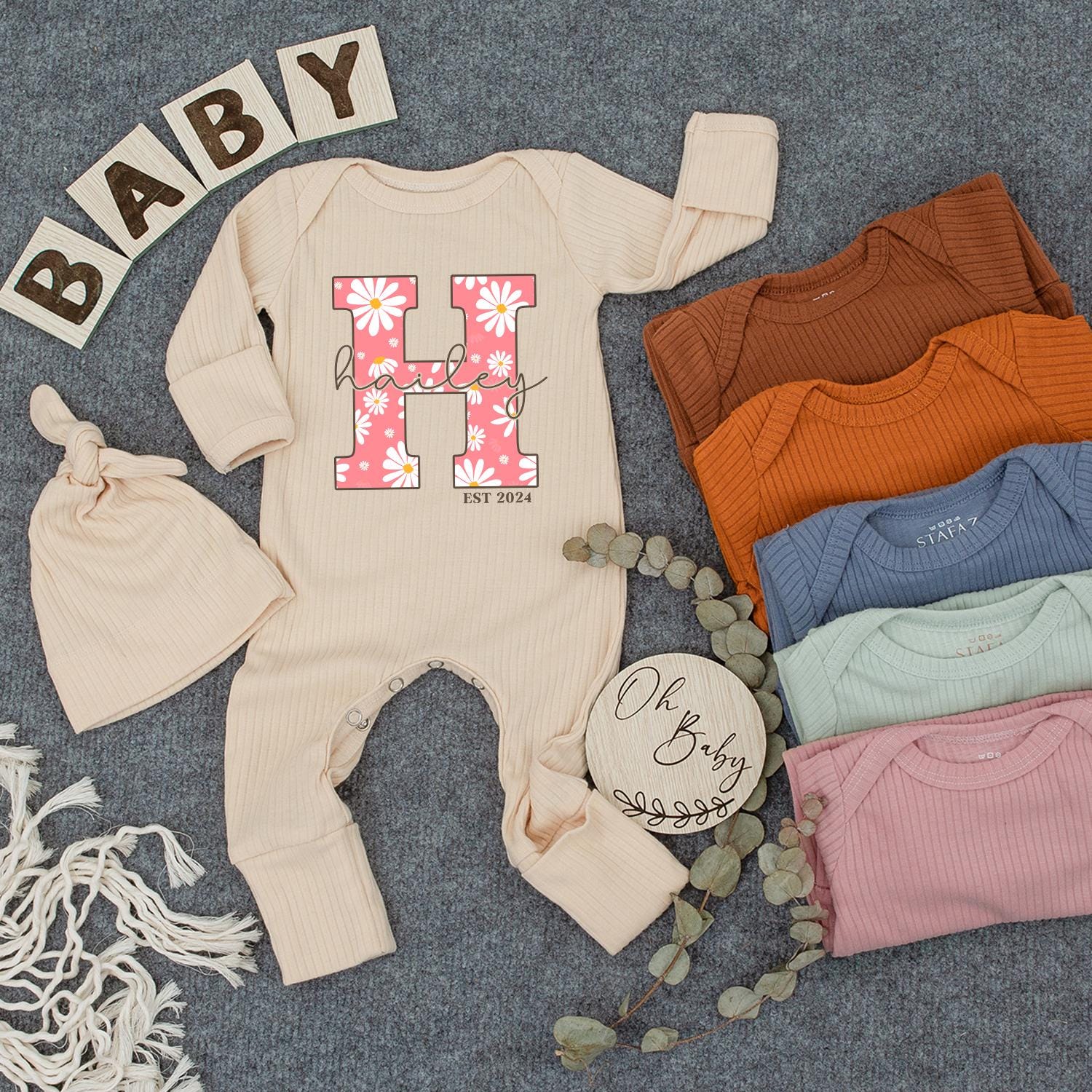 Personalized Baby Girl Bodysuit with Floral H and Hello 2024 Gift Custom Name Newborn Outfit for Shower or Announcement