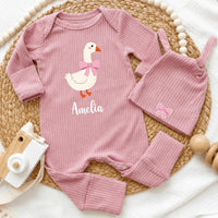 Personalized Baby Girl Bodysuit and Hat Set with Pink Goose Artwork, Ribbed Cotton Coming Home Outfit, Custom Baby Shower Gift Idea
