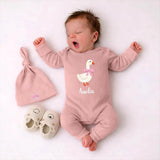 Personalized Baby Girl Bodysuit and Hat Set with Pink Goose Artwork, Ribbed Cotton Coming Home Outfit, Custom Baby Shower Gift Idea
