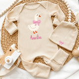 Personalized Baby Girl Bodysuit and Hat Set with Pink Goose Artwork, Ribbed Cotton Coming Home Outfit, Custom Baby Shower Gift Idea