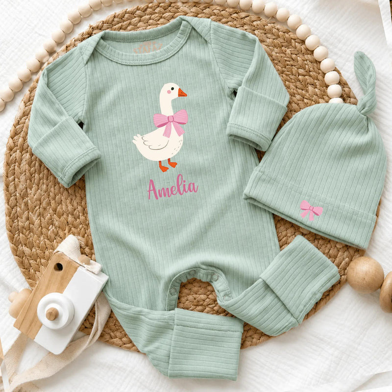 Personalized Baby Girl Bodysuit and Hat Set with Pink Goose Artwork, Ribbed Cotton Coming Home Outfit, Custom Baby Shower Gift Idea