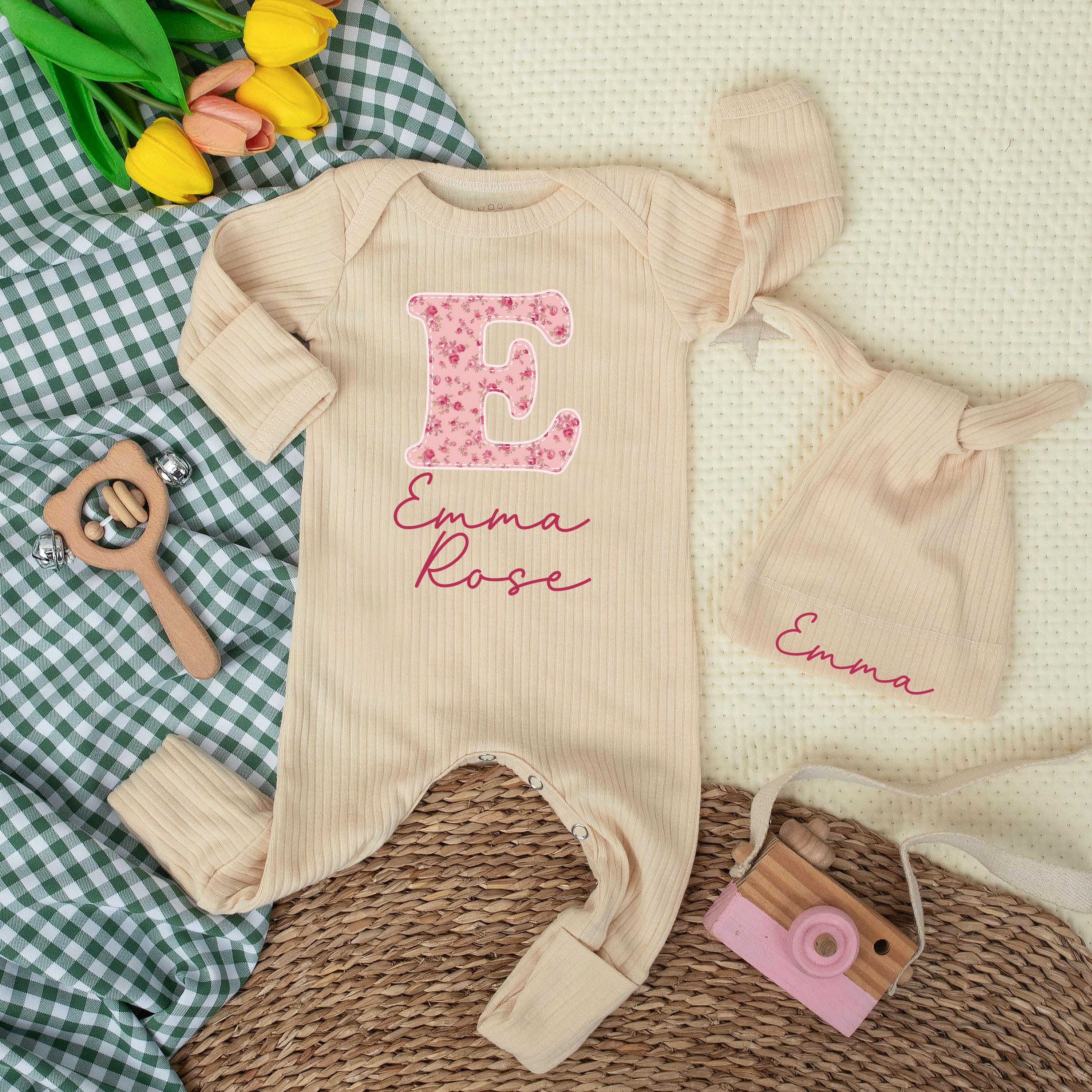 Personalized Baby Girl Bodysuit with Pink Floral E and Emma Rose Name Sweet Newborn Outfit Coming Home Clothes Baby Shower Gift
