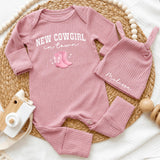 Personalized Baby Girl Bodysuit Set with 'New Cowgirl In Town' Artwork, Soft Cotton Outfit and Hat, Perfect for Western-Themed Baby Gift