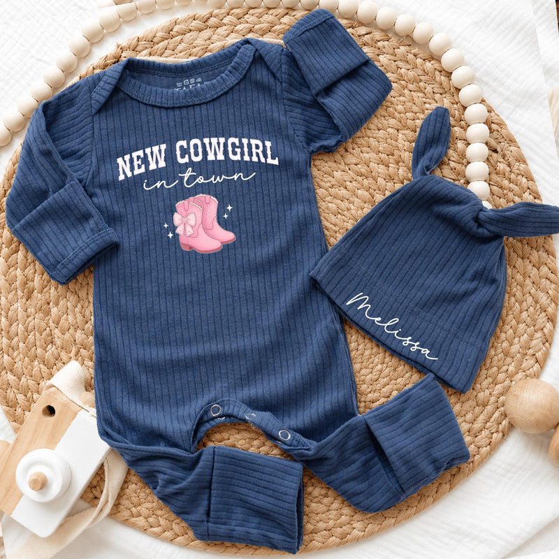 Personalized Baby Girl Bodysuit Set with 'New Cowgirl In Town' Artwork, Soft Cotton Outfit and Hat, Perfect for Western-Themed Baby Gift