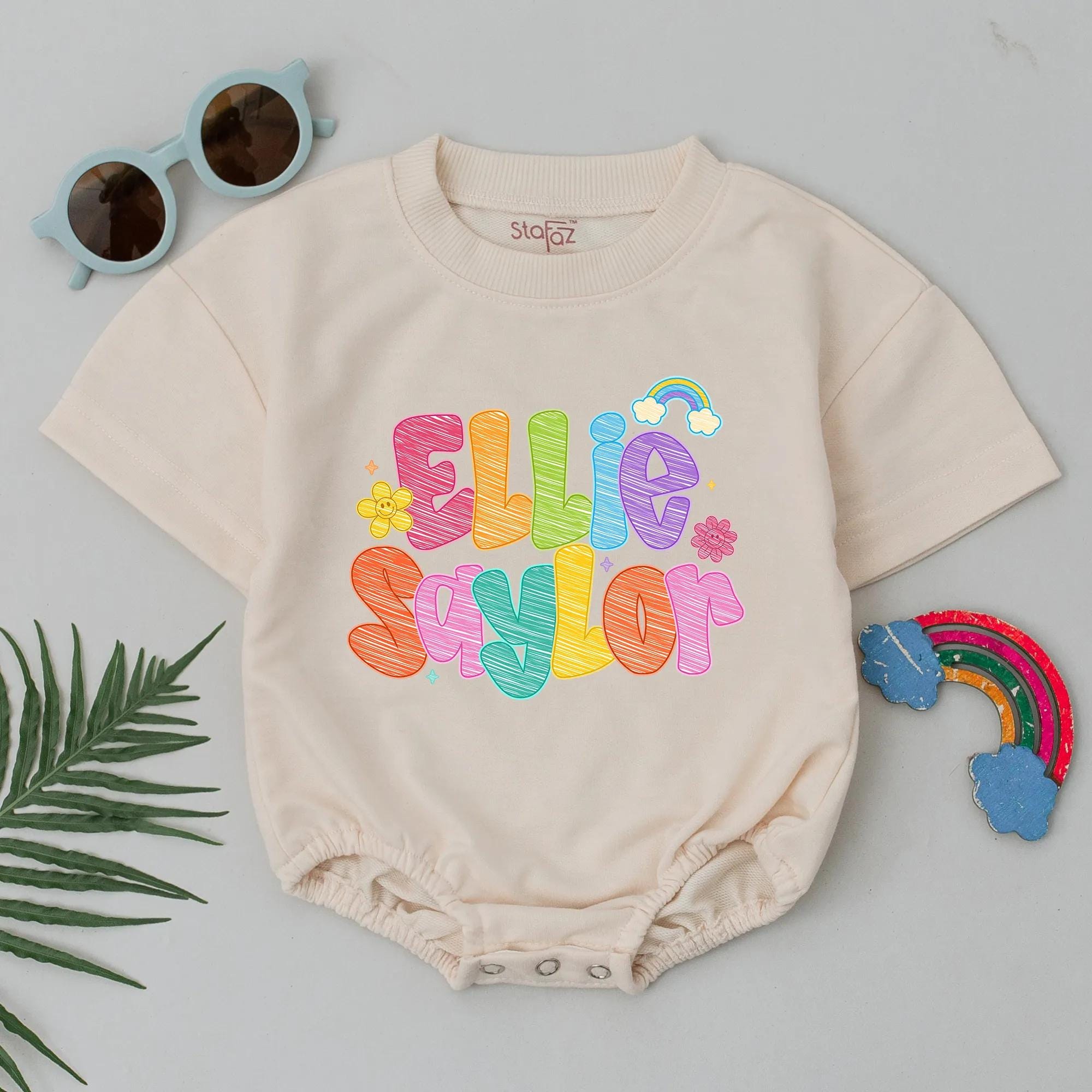 Personalized Baby Girl Bubble Romper with Ellie Saylor Name Print, Colorful Handwriting Design Custom Outfit, Birthday or Baby Shower Gift