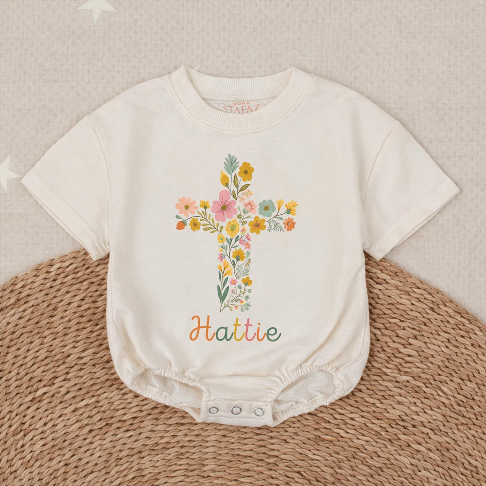 Personalized Baby Girl Bubble Romper with Floral Cross Design Soft Cotton Church Outfit Custom Name Vintage-Inspired Garden Style Gift
