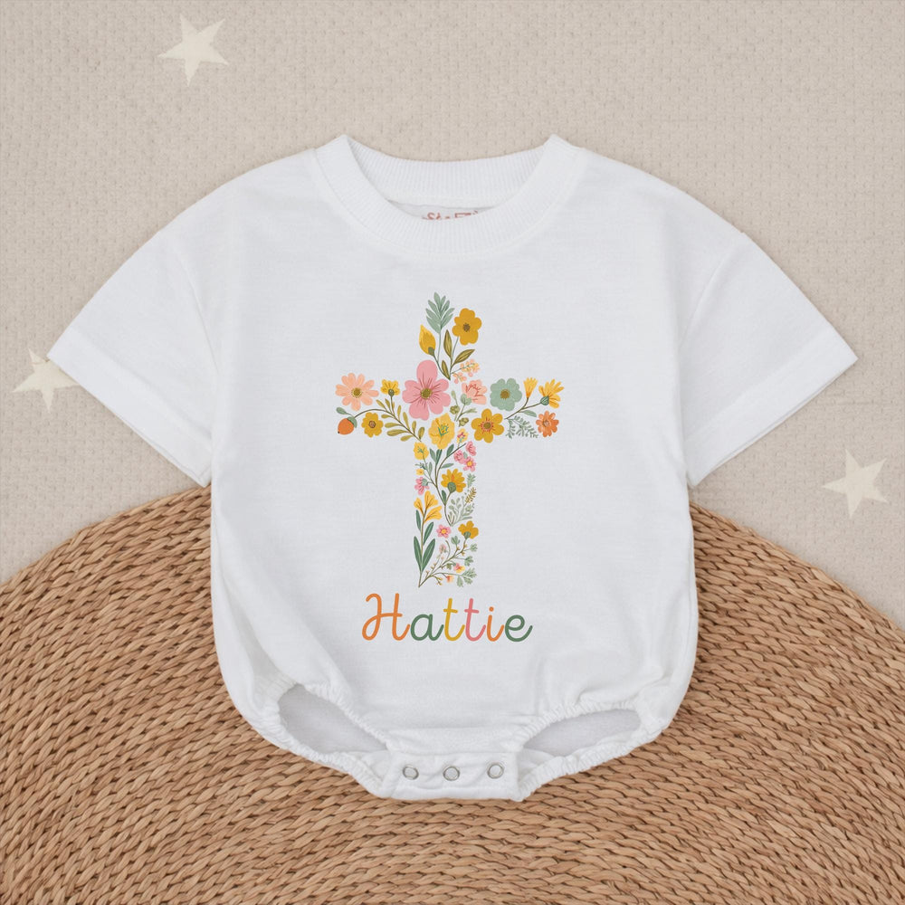 Personalized Baby Girl Bubble Romper with Floral Cross Design Soft Cotton Church Outfit Custom Name Vintage-Inspired Garden Style Gift