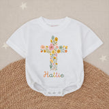 Personalized Baby Girl Bubble Romper with Floral Cross Design Soft Cotton Church Outfit Custom Name Vintage-Inspired Garden Style Gift