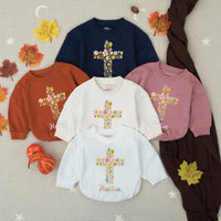 Personalized Baby Girl Bubble Romper with Floral Cross Design Soft Cotton Church Outfit Custom Name Vintage-Inspired Garden Style Gift