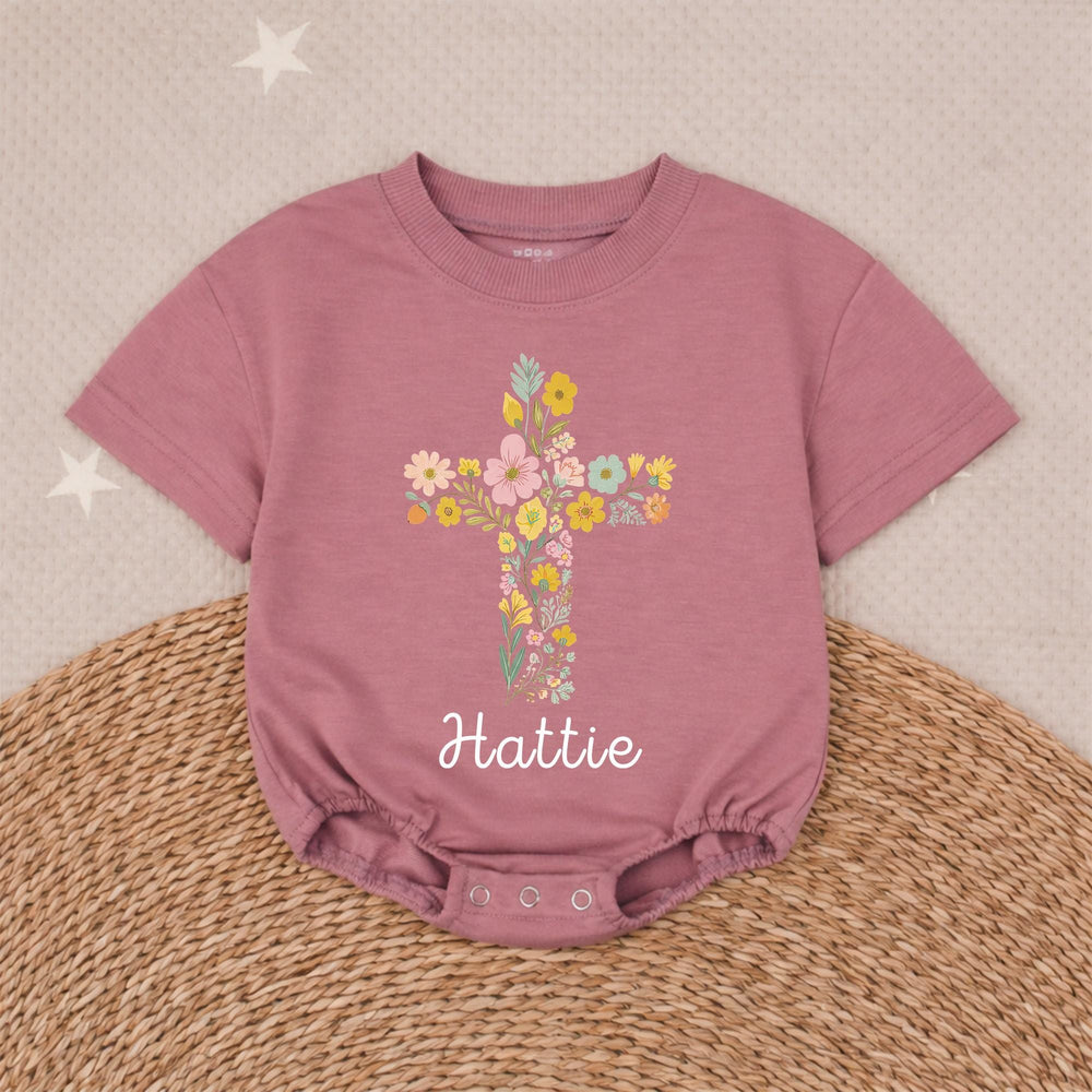 Personalized Baby Girl Bubble Romper with Floral Cross Design Soft Cotton Church Outfit Custom Name Vintage-Inspired Garden Style Gift