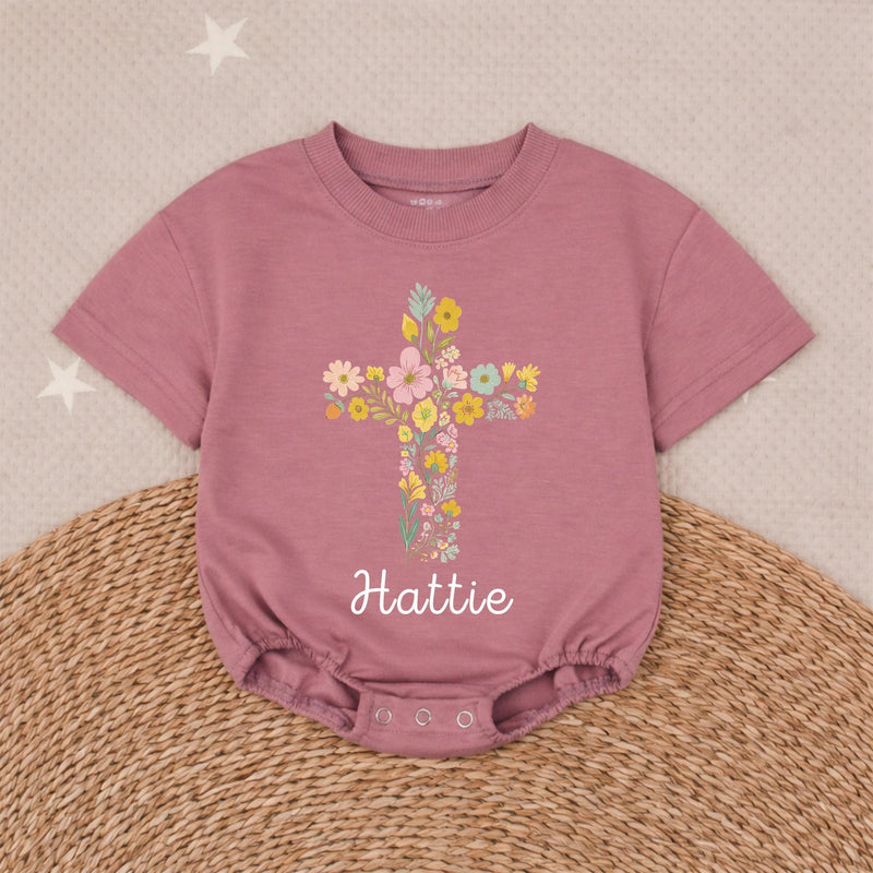 Personalized Baby Girl Bubble Romper with Floral Cross Design Soft Cotton Church Outfit Custom Name Vintage-Inspired Garden Style Gift