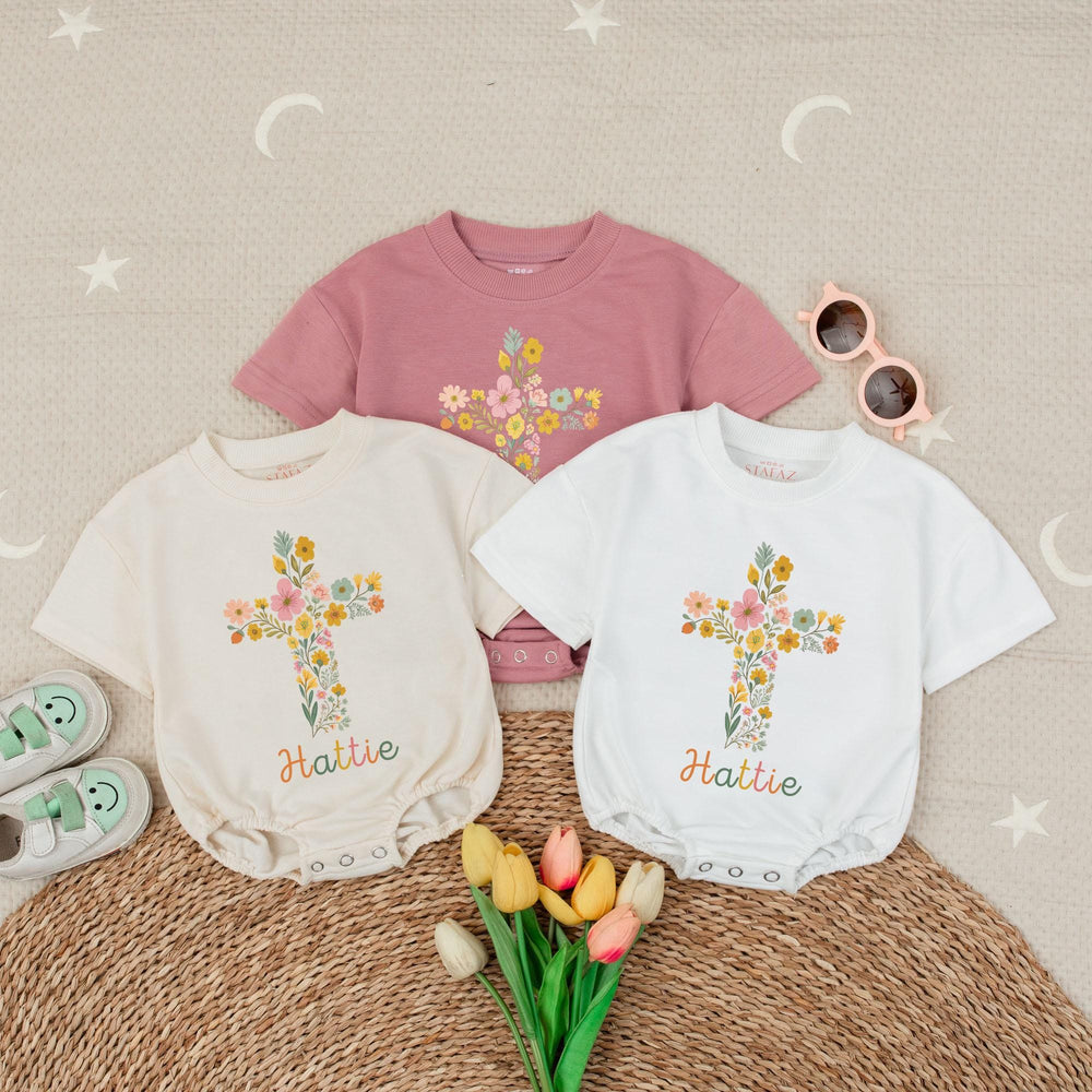 Personalized Baby Girl Bubble Romper with Floral Cross Design Soft Cotton Church Outfit Custom Name Vintage-Inspired Garden Style Gift