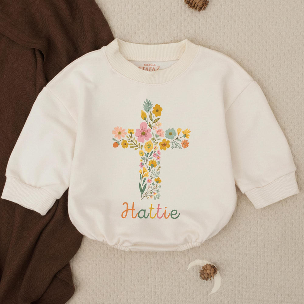 Personalized Baby Girl Bubble Romper with Floral Cross Design Soft Cotton Church Outfit Custom Name Vintage-Inspired Garden Style Gift