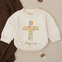 Personalized Baby Girl Bubble Romper with Floral Cross Design Soft Cotton Church Outfit Custom Name Vintage-Inspired Garden Style Gift