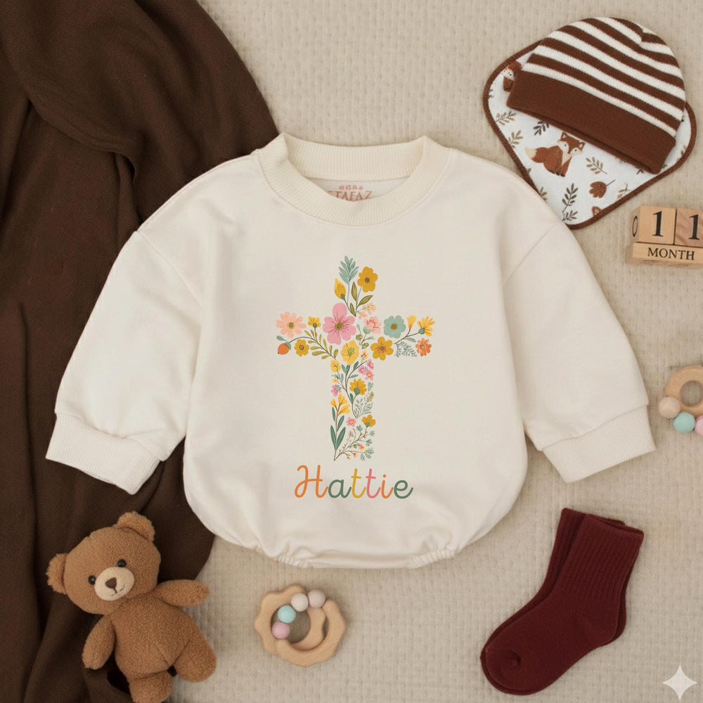 Personalized Baby Girl Bubble Romper with Floral Cross Design Soft Cotton Church Outfit Custom Name Vintage-Inspired Garden Style Gift