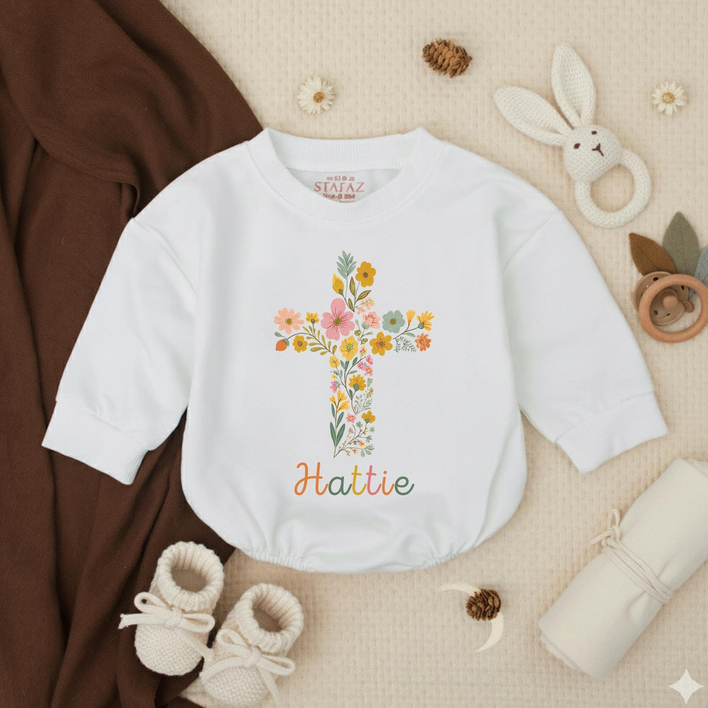 Personalized Baby Girl Bubble Romper with Floral Cross Design Soft Cotton Church Outfit Custom Name Vintage-Inspired Garden Style Gift