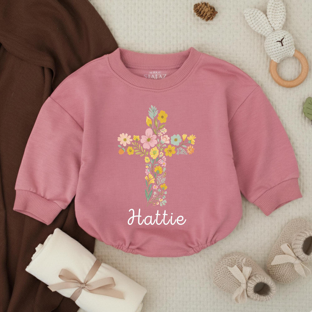 Personalized Baby Girl Bubble Romper with Floral Cross Design Soft Cotton Church Outfit Custom Name Vintage-Inspired Garden Style Gift