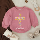 Personalized Baby Girl Bubble Romper with Floral Cross Design Soft Cotton Church Outfit Custom Name Vintage-Inspired Garden Style Gift