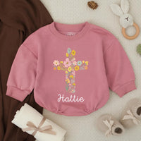 Personalized Baby Girl Bubble Romper with Floral Cross Design Soft Cotton Church Outfit Custom Name Vintage-Inspired Garden Style Gift