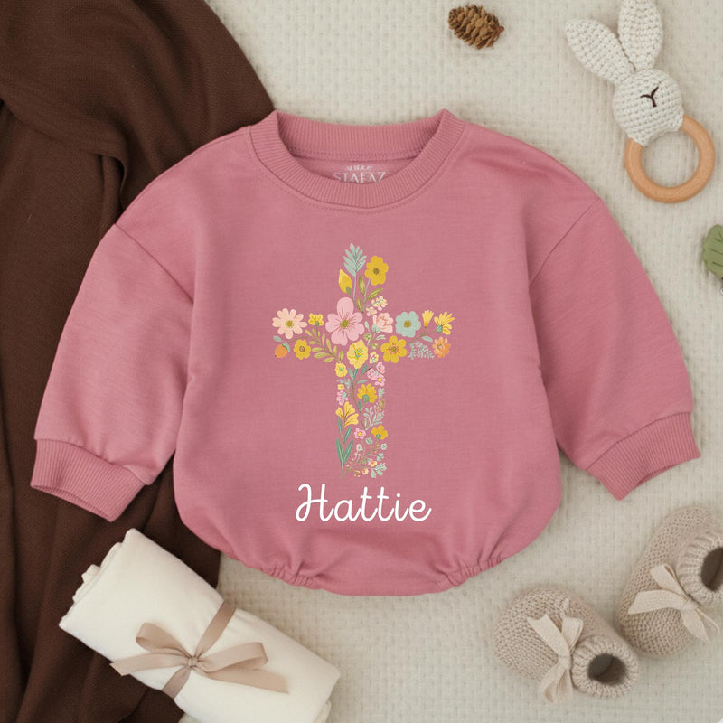 Personalized Baby Girl Bubble Romper with Floral Cross Design Soft Cotton Church Outfit Custom Name Vintage-Inspired Garden Style Gift