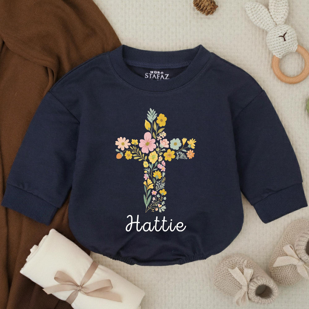 Personalized Baby Girl Bubble Romper with Floral Cross Design Soft Cotton Church Outfit Custom Name Vintage-Inspired Garden Style Gift