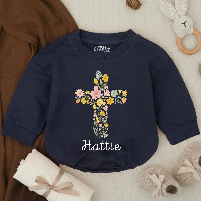 Personalized Baby Girl Bubble Romper with Floral Cross Design Soft Cotton Church Outfit Custom Name Vintage-Inspired Garden Style Gift