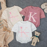 Personalized Baby Girl Floral Initial Romper with Name, Long Sleeve Soft Cotton Outfit for Newborn Milestones, First Birthday or Baby Shower