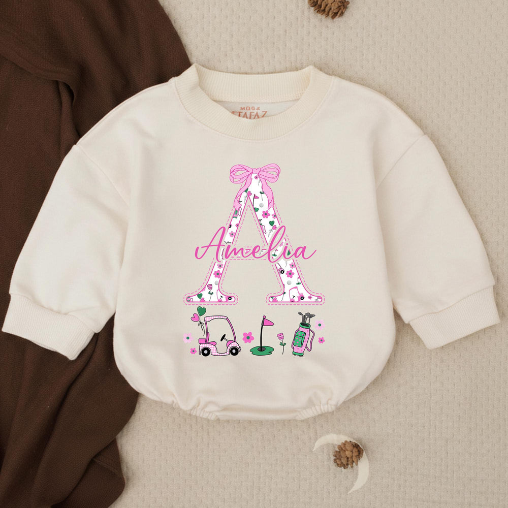 Personalized Baby Girl Bubble Romper with Golf Design Pink Flowers Bow Amelia Name Custom Toddler Outfit Birthday Shower Gift