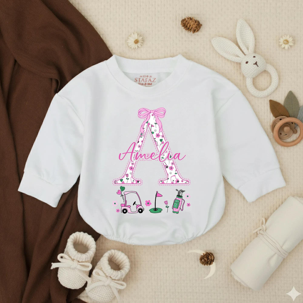 Personalized Baby Girl Bubble Romper with Golf Design Pink Flowers Bow Amelia Name Custom Toddler Outfit Birthday Shower Gift