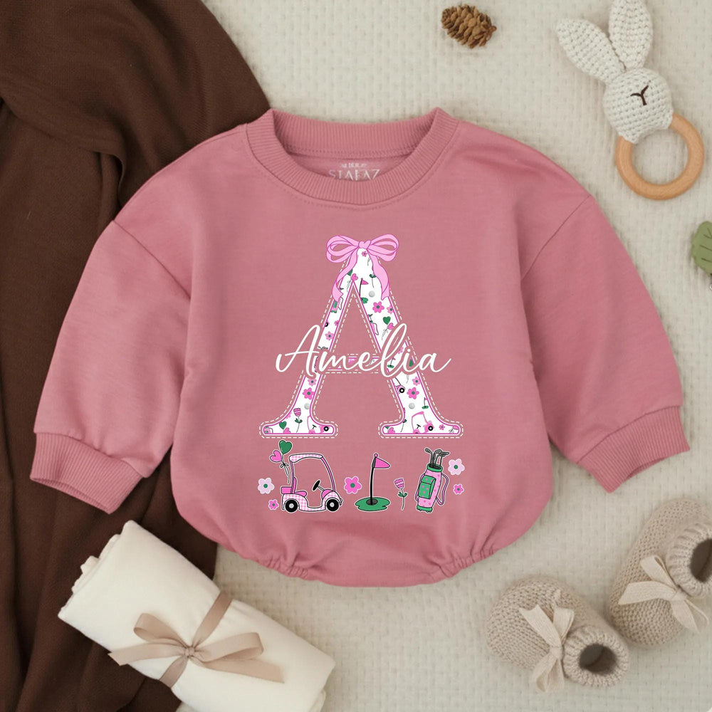 Personalized Baby Girl Bubble Romper with Golf Design Pink Flowers Bow Amelia Name Custom Toddler Outfit Birthday Shower Gift