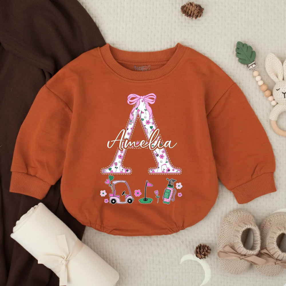 Personalized Baby Girl Bubble Romper with Golf Design Pink Flowers Bow Amelia Name Custom Toddler Outfit Birthday Shower Gift