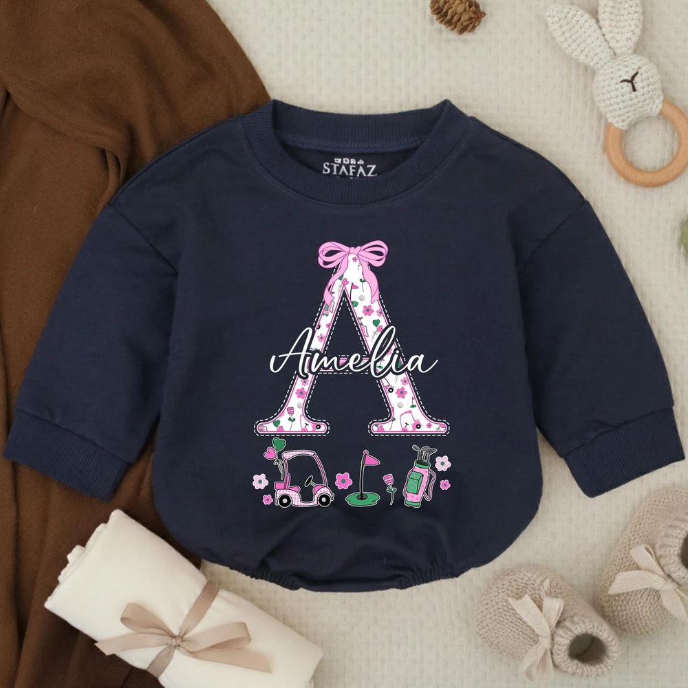 Personalized Baby Girl Bubble Romper with Golf Design Pink Flowers Bow Amelia Name Custom Toddler Outfit Birthday Shower Gift