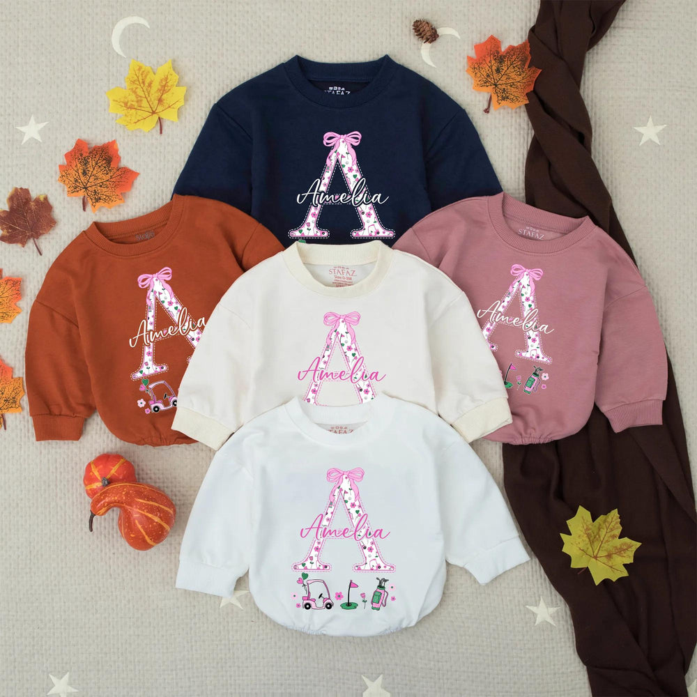 Personalized Baby Girl Bubble Romper with Golf Design Pink Flowers Bow Amelia Name Custom Toddler Outfit Birthday Shower Gift
