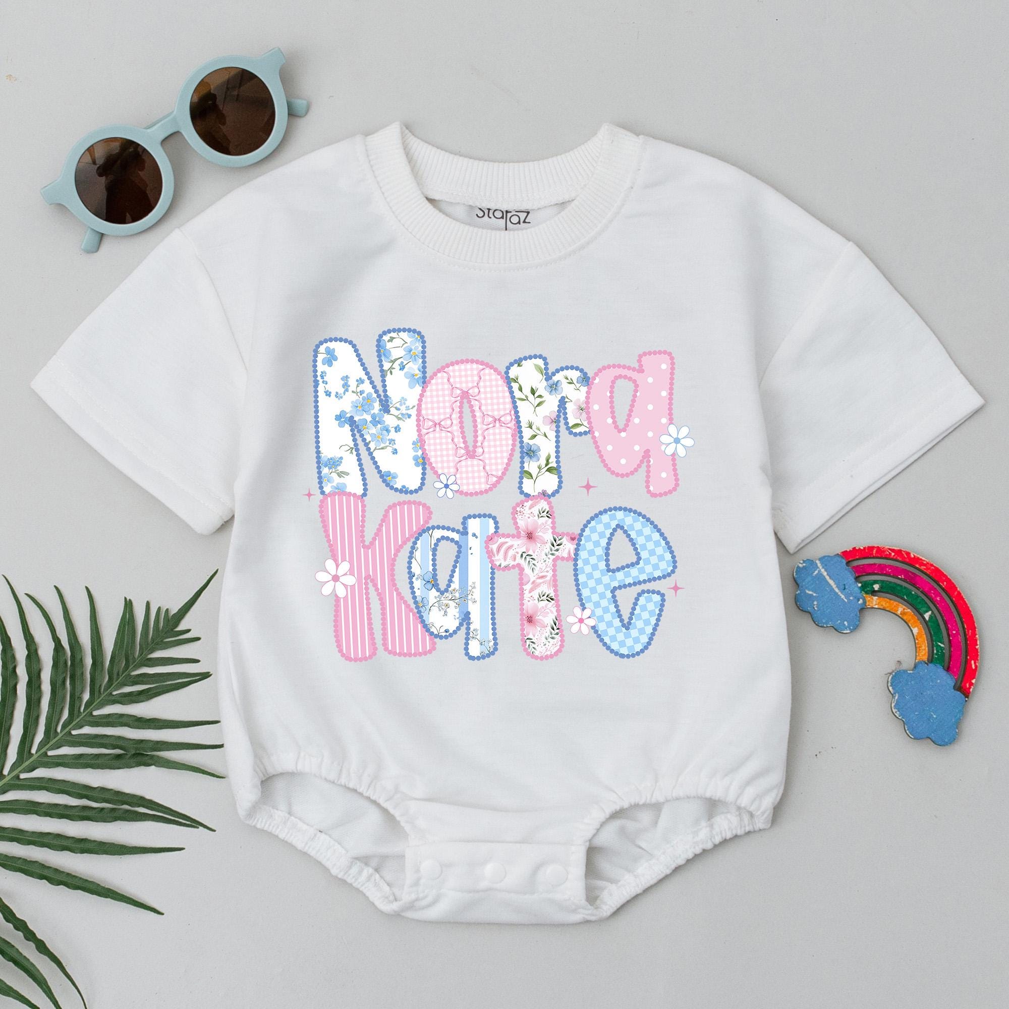 Personalized Baby Girl Bubble Romper with Nora Kate Floral Design Sweet Pastel Summer Outfit First Birthday Gift Custom Name Clothes