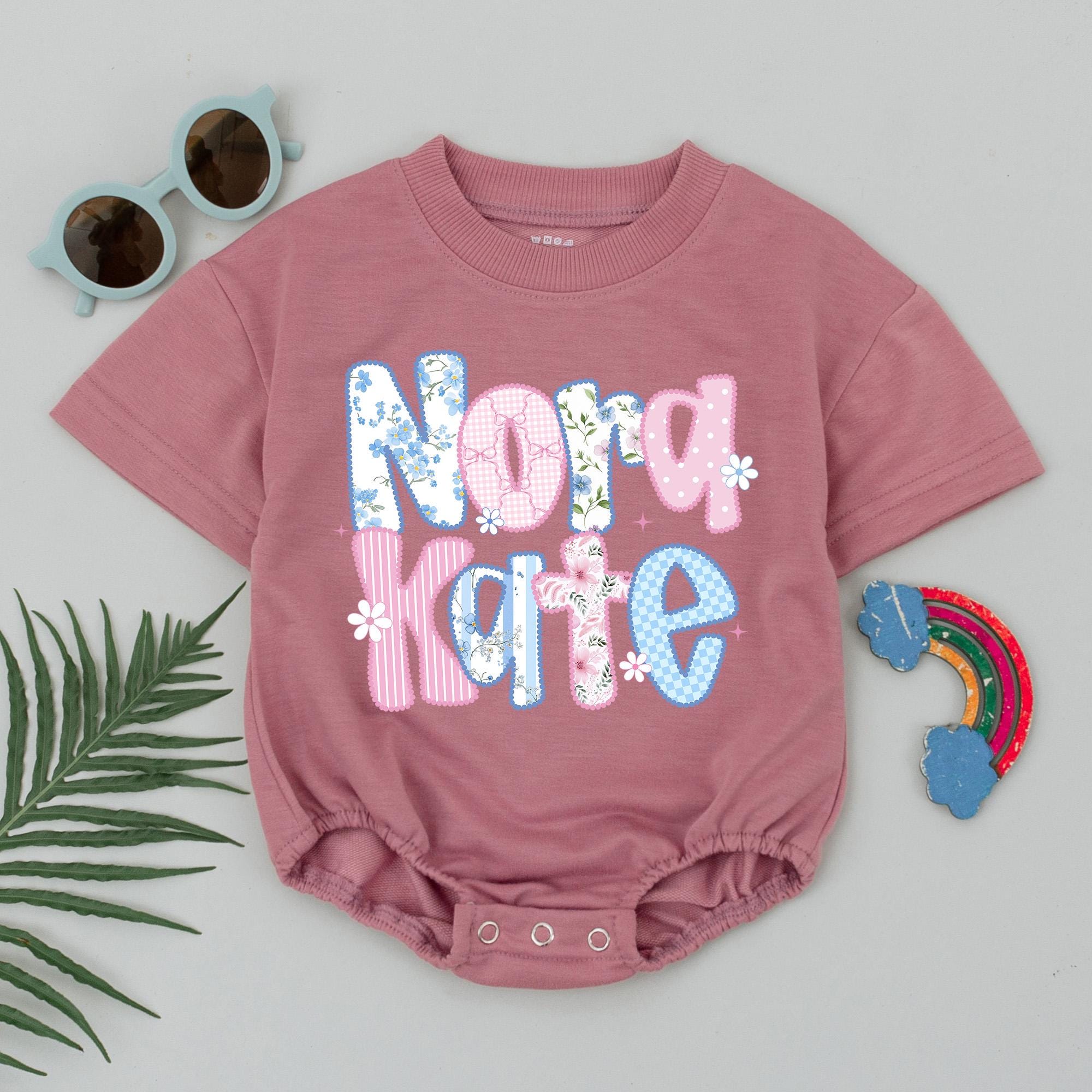 Personalized Baby Girl Bubble Romper with Nora Kate Floral Design Sweet Pastel Summer Outfit First Birthday Gift Custom Name Clothes